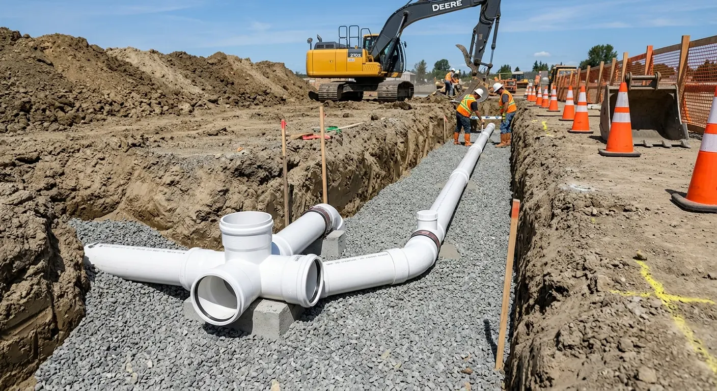 New PVC sewer pipe installation in open trench for Commercial Drain Cleaning in Peru