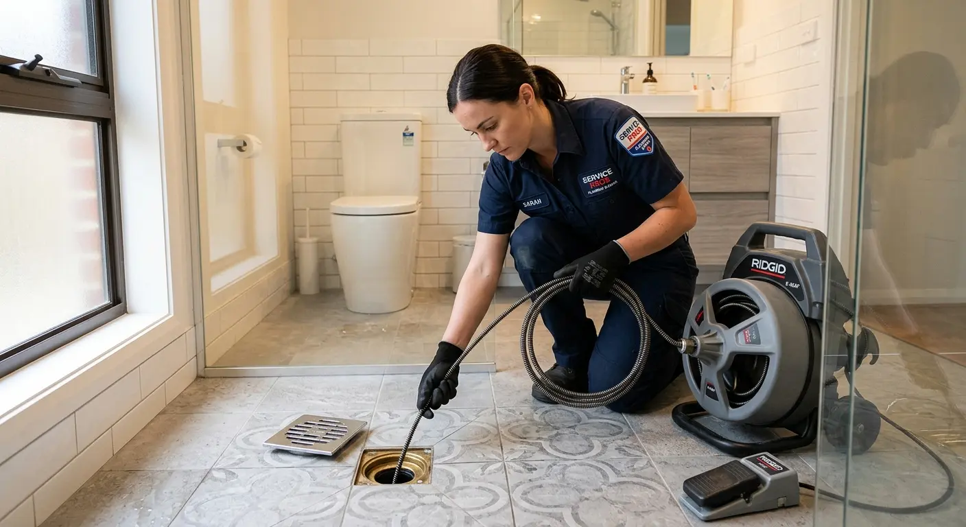 Technician clearing a bathroom floor drain for Sewer Line Replacement in Peru